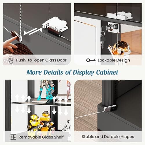 Dystler Display Cabinet with Glass Doors, 71'' Tall Curio Cabinet with RGB Lights for Collectibles, LED Display Case with Removable Shelf for Book/Medal/Figure, Black 6