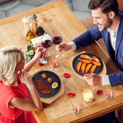 Mimorou 2 Set 8.7 Inch Cast Iron Fajita Plate Set with Wooden Base Anti Scald Protection Removable Handle Fajita Plate Sizzling Pan Cast Iron Skillets Sets for Home Restaurant Kitchen BBQ Cooking 7