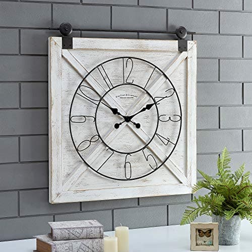 FirsTime & Co. White Farmstead Barn Door Wall Clock for Home Office, Kitchen, Living Room, Bedroom, Square, Wood and Metal, Farmhouse Decor, (27"W x 29"H inches)