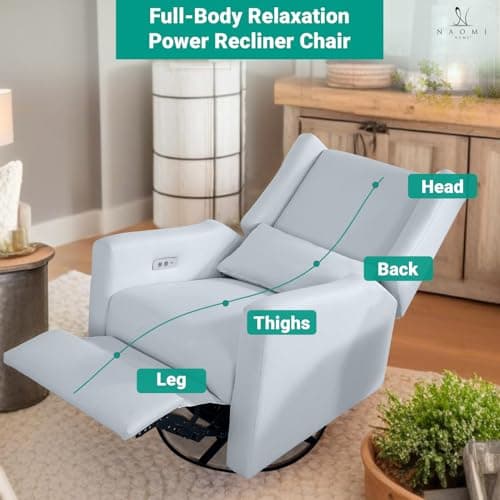 Naomi Home Tanya Luxury Motion Recliner Chair, Light Gray – Plush Upholstered Glider Rocker with USB Charging, Swivel, and Lumbar Support for Nursery Comfort, 275 lbs Capacity 5