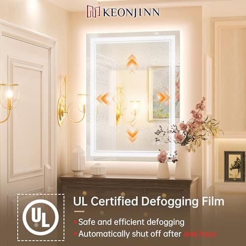 Keonjinn LED Bathroom Mirror 24" x 32" with Frontlit and Backlit, Stepless 3 Colors Temperature & Dimmable Vanity Mirror with Light, Double LED Strips, Tempered Glass Wall Mirror, UL Listed LED Driver 5