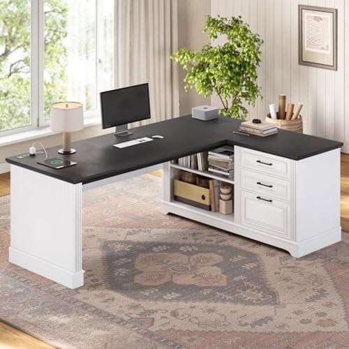 SEDETA Farmhouse 61" Executive L Shaped Desk, Home Office Desk with File Drawers, Computer Desk with Power Outlets and Storage Shelves for Home Office, White