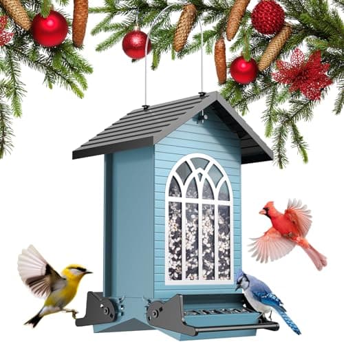Squirrel-Proof Bird Feeder for Outdoor Hanging, Metal Bird Seed Feeder with Bilateral Weight-Activated Perches, 5LB Large Capacity, ldeal for Wild Birds Gift, Easy Refill & Clean, Blue