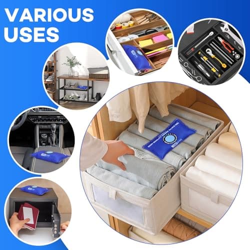 FURWEY 12 Pack Rechargeable Desiccant Packs, 100g Each, Blue, Color Indicating Silica Gel Dehumidifier Bags for Storage, Closets, Cars, Bins 8