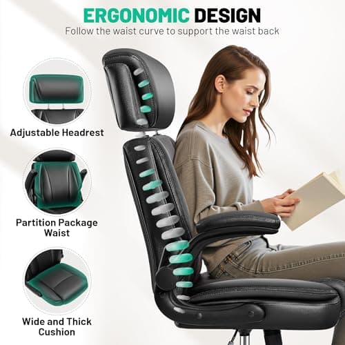 BestGlory Leather Office Chair with Flip-Up Armrests, Ergonomic Desk Chair with Lumbar Support, Big and Tall Computer Gaming Chair with Adjustable Headrest for Working Studying Gaming Relaxing, Black 5