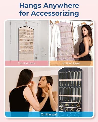 BAGSMART Hanging Jewelry Organizer with Hanger Metal Hooks Double-Sided Jewelry Holder for Organizing Earrings Necklaces Rings Perfect for in Hanging Closet, Wall, Door, 1 Piece, Large, Black 7