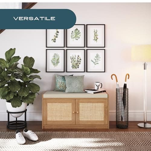 Wooden Shoe Storage Bench Organizer with Cushioned Seat & Adjustable Shelves for Entryway, Hallway, Living Room, or Bedroom, Rattan 9