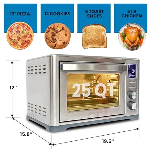 Kenmore Digital 11-In-1 Air Fryer Toaster Oven Combo 26 Qt Convection Rotisserie Dehydrator Bake Broil 1800 Watts 80°-450°F Temp Controls Top & Bottom Heater Adjustments Stainless Steel Large Capacity 7