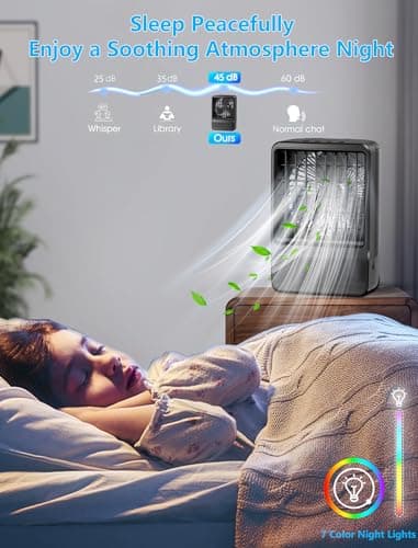 Small Portable Air Conditioners for Bedroom, Orvina 800ML Evaporative Air Cooler Fan with 7 Colors Light, Cool Mist & 2/4H Timer, 3 Speeds, Mobile Personal Air Conditioners (Black) 6