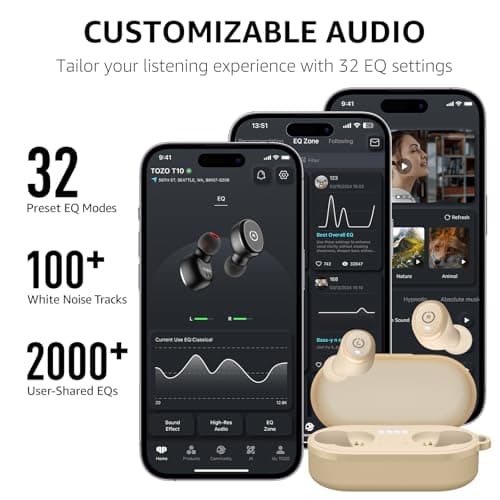 TOZO T10 Wireless Earbuds Bluetooth 5.3 Headphones, App Customize EQ, Ergonomic Design, 55H Playtime, Wireless Charging Case, IPX8 Waterproof Sound in-Ear Headset, New Version 6