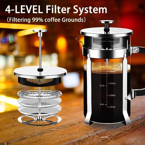 YMMIND French Press Coffee Maker 304 Stainless Steel Coffee Press,with 4 Filters System, Heat Resistant Thickness Borosilicate French Press Glass, BPA-Free Brewed Tea Pot Coffee Plunger(Copper 12oz) 2