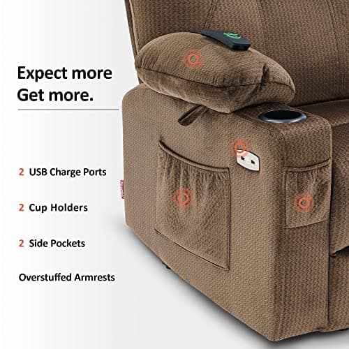 MCombo Medium Power Lift Recliner Chair Sofa with Massage and Heat for Elderly, 3 Positions, Cup Holders, and USB Ports, 2 Side Pockets, Fabric 7040 (Medium, Mocha) 7
