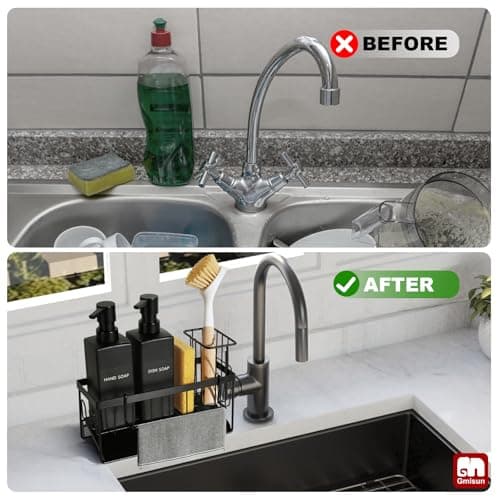 GMISUN Dish Soap Dispenser, 12 fl oz / 350 ml Dual Kitchen Soap Dispensers with Sponge Holder, Customized Matte Black Kitchen Soap Dispenser Set, Modern Hand and Dish Soap Bottle Set Removable 6