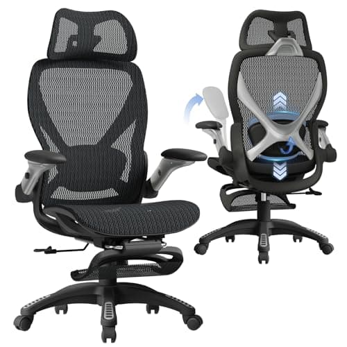 ELABEST X100 Ergonomic Mesh Office Chair with Footrest, Big and Tall Hone Desk Chair with 5D Flip-Up Arms, Adjustable 3D Lumbar Support,Gaming & Executive Computer Chairs