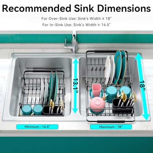 Urackify Expandable in Sink Dish Drying Rack - Adjustable Dish Rack Over Sink, Rustproof Dish Drainer for Kitchen Counter, Dish Strainer with Utensil Holder, Fit Kitchen for 13"-18" 6