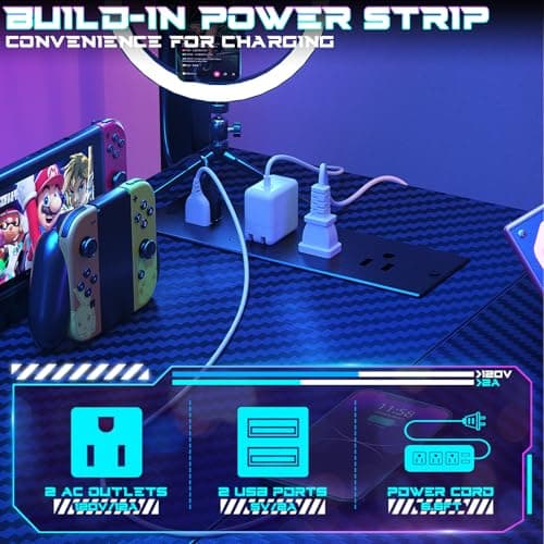 Homieasy Small Gaming Desk with Power Outlets Pegboard LED Light, 43 Inch L Shaped Computer Desk with Monitor Stand Storage Shelves, Reversible Corner Desk with Headset Hooks, Carbon Fiber Black 7