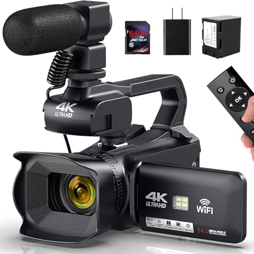 Video Camera Camcorder 4K 64MP 60FPS,HD Auto Focus Vlogging 4.0" Touch Screen 18X Zoom Digital Camera with 4500mAh Battery, Charger, Microphone, Handhold Stabilizer, 64G SD Card, Remote Control