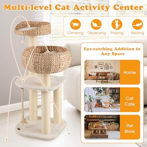 PETSITE 41 Inch Modern Cat Tree for Indoor Cats, Multi-Level Cute Cat Tree with Scratching Posts, Hand-Made Wicker Cat Condo & Top Perch, Dangling Ball, and Sisal Rope, Beige 8