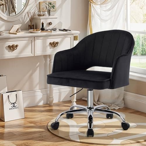 MOJAY Modern Vanity Chair with Wheels, Mid-Back Cutout Velvet Home Office Chair, Swivel Height-Adjustable Soft Seat Cute Desk Chair with Arm Support (Midnight Black)