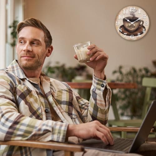 Keepcross Kitchen Wall Clock Coffee Cup Theme Rustic Modern Farmhouse Decor Glass Clock for Kitchen, Coffee Bar, Cafe - 8 Inch, Brown 5