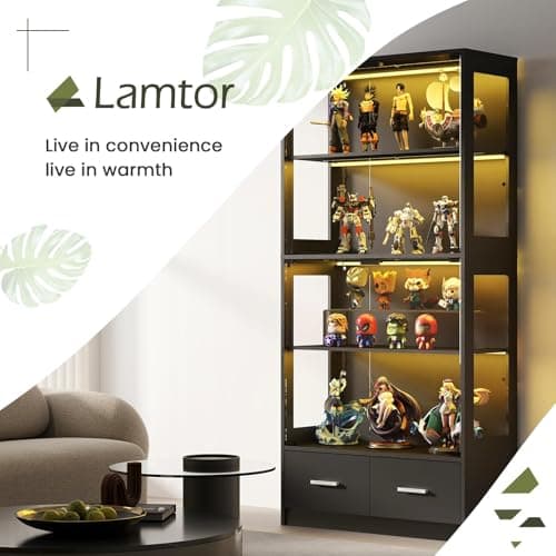 Lamtor Display Cabinet with Glass Doors - 67" Curio Cabinet for Collectibles with RGB LED Lights and 2 Drawers, 4 Tier Glass Display Case for Living Room, Office, Black 9
