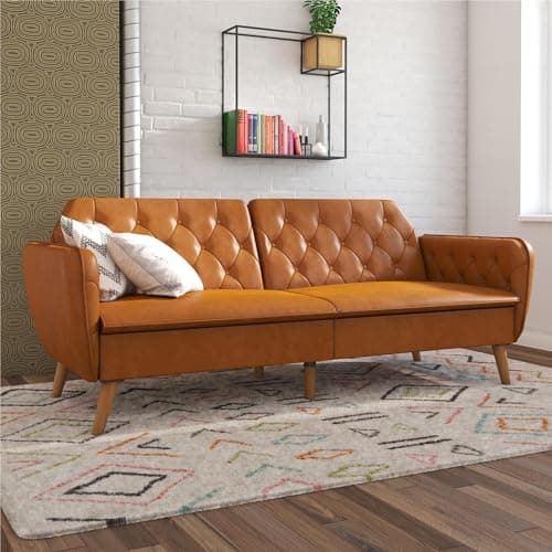 Novogratz Tallulah Memory Foam Futon, Convertible Couch, Camel Faux Leather 9
