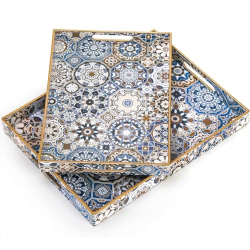 Hiceeden Set of 2 Decorative Serving Trays with Handles, Boho Tea Trays Ottoman Trays for Serving, Modern Plastic Coffee Table Tray for Living Room, Kitchen, Bathroom, Rectangle, Blue