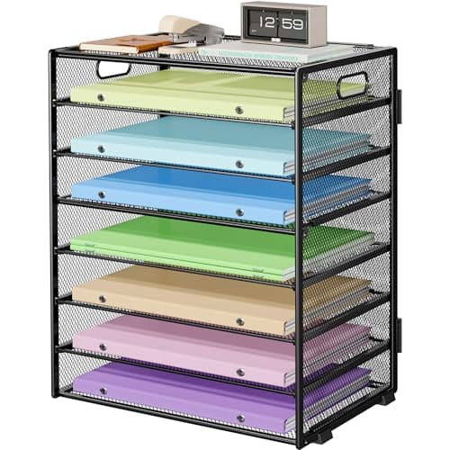 Biciyarn 8 Tier Paper Organizer with Handle, Metal Mesh Desk File Organizer, Large Capacity Desk Organizers Paper Letter Tray Desktop Document Sorter for Office, Home or School - Black