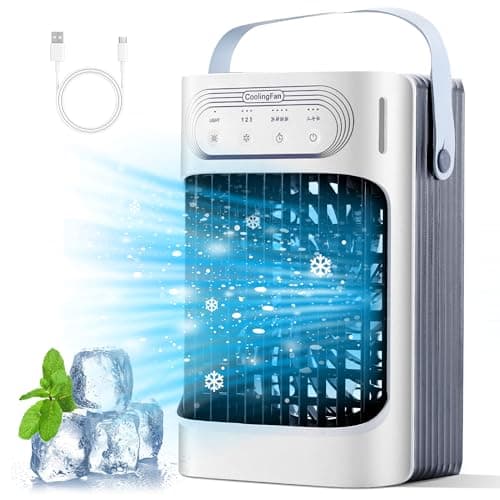 TAKSHO Portable Air Conditioner 3 Cold Wind Speeds-3 Mist Levels, 7 Color-Changing LED Lights - 10W&900ml Water Tank, USB-Powered Evaporative Air Cooler Unit with 2-8 Hour Timer, portable cooling fan
