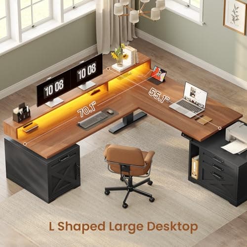 SEDETA Farmhouse L Shaped Standing Desk, 71" x 73" Height Adjustable Home Office Executive Desk with Drawers, Power Outlet, Monitor Stand, Sit Stand Table with Led Lights for Home Office, Black 5