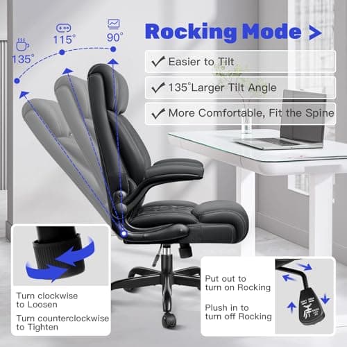 High Back Executive Office Chair - Ergonomic Computer Desk with Rocking Function, Leather Managerial with Adjustable Flip-Up Armrests and Lumbar Support 5