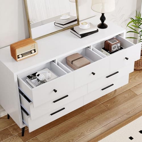 DWVO White 7 Drawer Dresser, 47" W Large Double Dresser Chest of Drawers, Modern Wood Storage Organizer with Black Metal Handles & Anti-Tipping Device for Hallway, Entryway 7