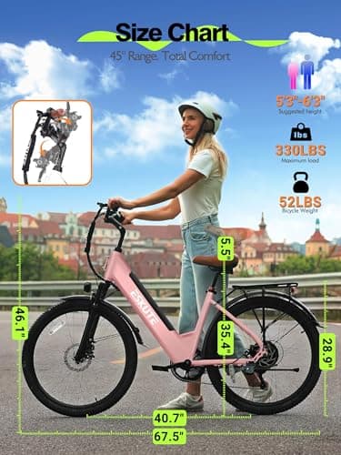 ESKUTE Electric Bike for Adults-1300w Peak Ebike, 28MPH Step Thru Electric Bicycle，70Miles 840 WH Removable Battery e-Bike, 7-Speed 26'' tire, Adjustable Stem, 11 7