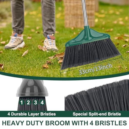 4 PCS Heavy Duty Broom Outdoor/Indoor Commercial Broom with 61" Long Handle,Perfect for Home Garage Kitchen Office Lobby Room Floor,Black and Green 5
