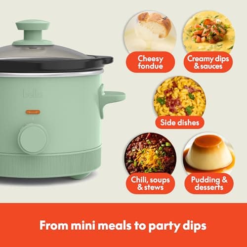 bella 1.5 Qt Slow Cooker with 3 Heat Manual Control, Ceramic Nonstick Coating, Dishwasher Safe Stoneware Pot and Tempered Glass Lid, Tangle Free Cord Wrap & Cool Touch Handles, Seaglass 6