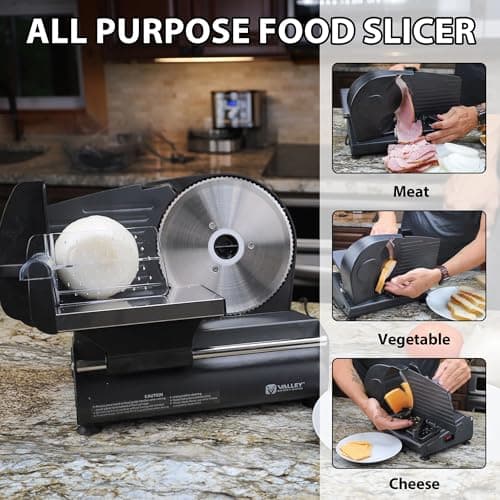 Valley Sportsman Meat Slicer Machine for Home - Electric Deli Meat Slicer with 7.5" Stainless Steel Blade, Adjustable Thickness Food Slicer Cuts Meat, Bread, Cheese, Easy to Clean, Black 7