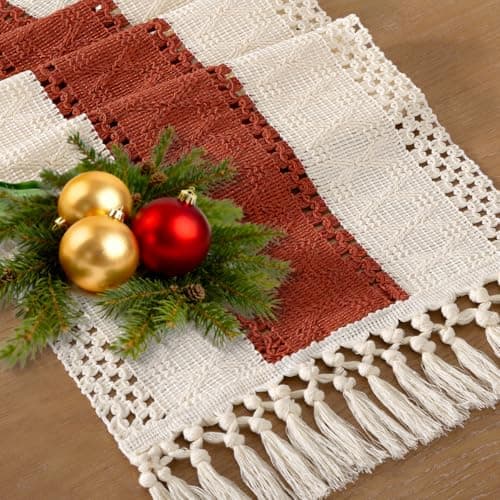 Socomi Boho Table Runner Easter Spring Farmhouse Rustic Dining Kitchen Small Macrame Woven Cotton Linen Coffee Table Runner for Dresser Scarf Home Decor 12x60 inch Terracotta Ivory