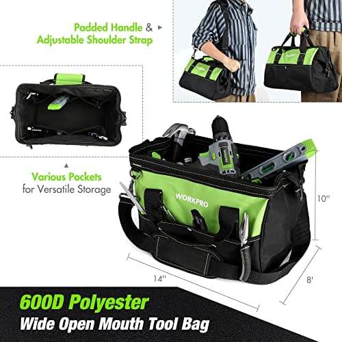 WORKPRO Home Tool Set with 20V Cordless Lithium-Ion Drill Driver, Household Repairing Tool Kit with Drill, 157PCS Power Drill Sets, 14-Inch Wide Mouth Storage Tool Bag, Green 7