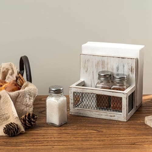 FARM IN Napkin Holder, Farmhouse Multifunctional Napkin Holder with Salt and Pepper Shakers Holder for Home and Commercial Use, Rustic Solid White Washed Wood & Diamond Metal Wire Mesh 2