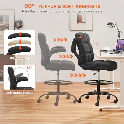 JMYMRY Drafting Chair with Comfortable Fabric for Standing Desk, Tall Office Chair with Adjustable Height, Lumbar Support, Flip-Up Armrests, Adjustable Footrest Ring, 360° Rotation for Home or Office 6