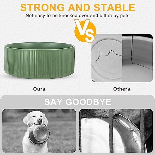 Ptlom Ceramic Pet Bowls for Dog and Cat, No Spill Dog Food and Water Bowl Set with Anti-Slip Wooden Stand, Riased Puppy Feeding Dishes Suitable for Small, Medium and Large Cats Dogs, Green 28 OZ 8