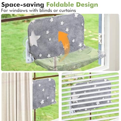 Zoratoo Cat Window Perch, Glow in The Dark Cordless Foldable Pet Hammock Bed for Window with Sturdy Metal Frame, Glowing Stars Pattern Resting Seat for Indoor Cats (Stars - M) 6