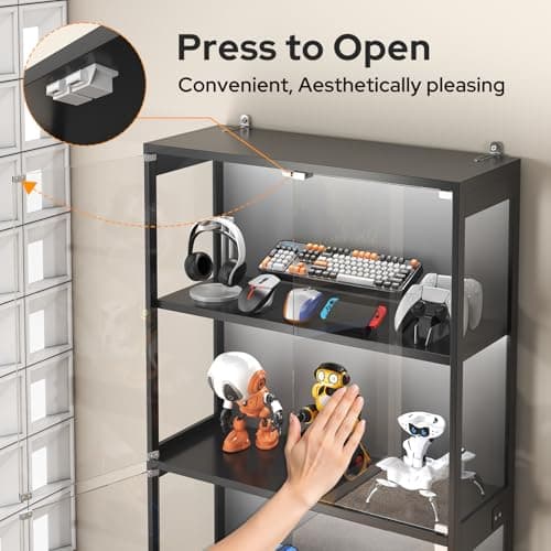 UNIQUITE Display Cabinet with Glass Doors, LED Curio Cabinet with RGB Human Body Sensor Light, 4-Tier Figure Display Case for Collectibles, Tall Bookcase with 4 Shelves, Storage Cabinets, Showcase 7