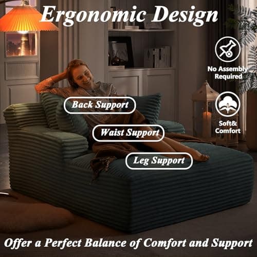 HRVEOCEI 67" Chaise Lounge Indoor, Oversized Chaise Lounge Chair with 3 Comfy Pillows for Living Room Bedroom, Wide Arms Corduroy Fabric High-Density Foam No Assembly Required (Grey) 5