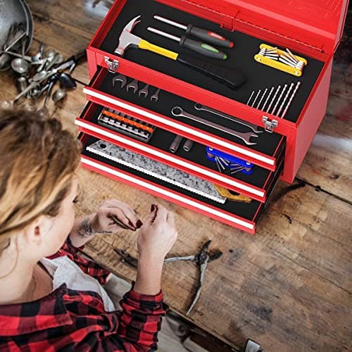 Giantex Portable Steel Tool Box, 20.5'' Toolbox w/ 3 Drawers & Top Storage Tray, Tool Storage Chest w/Double Latch System, Ball Bearing Drawer Slides, EVA Liners & Carrying Handle, Red 7