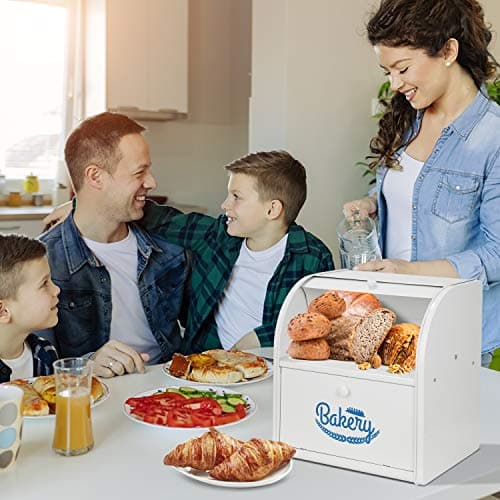 Widousy 2 Layer Metal Bread Boxes, Bread Box Storage Bin Kitchen Container with Roll Top Lid Iron Countertop Containers Metal Food Storage Bread Keeper Large Capacity Home Kitchen Counter, White 6