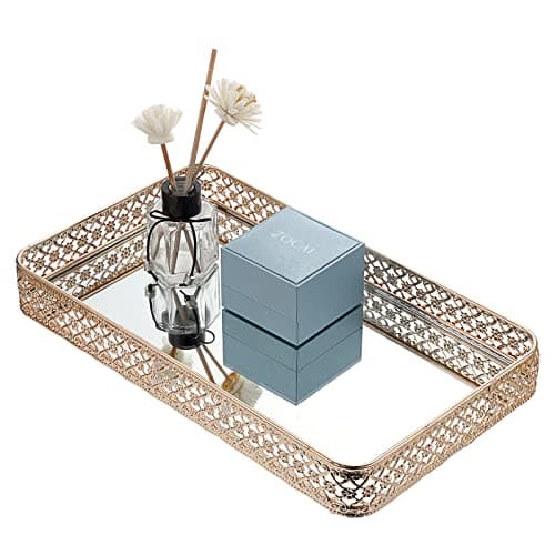 ELLDOO Gold Perfume & Makeup Vanity Tray - Hollow-Carved Jewelry Storage, Glass & Metal Trinket Organizer for Dresser & Bathroom Countertop, Large Size 9