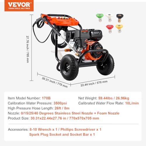VEVOR Gas Pressure Washer, 3500 PSI 2.6 GPM, Gas Powered Pressure Washer with Aluminum Pump, Spray Gun and Extension Wand, 5 Nozzle Set, for Cars, Fences, Homes, Driveways, Patios Furniture Horizontal 7