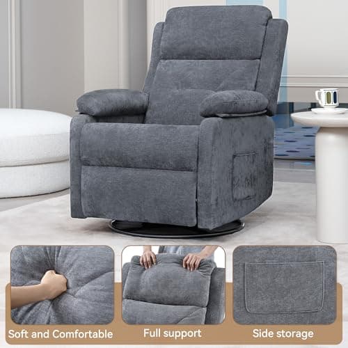 Swivel Rocker Recliner Chair with Adjustable Backrest and Footrest, Ultra-Comfy Fabric Reclining Chair, Glider Recliner with Lumbar Support & Overstuffed Arms, Chairs for Living Room (Grey) 6