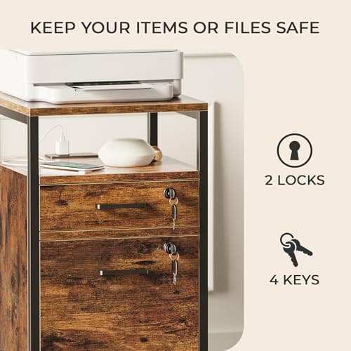 SUPERJARE File Cabinet with Lock & Charging Station, 2 Drawers Rolling Filing Cabinet, Office File Cabinet with Wheels & Open Shelf, for Home Office, A4/Letter Size Files - Rustic Brown 5
